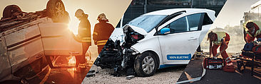 Fotomontage aus Verkehrsunfall und demoliertem Auto © iStock.com - gorodenkoff, starpik Fotomontage aus Verkehrsunfall und demoliertem Auto