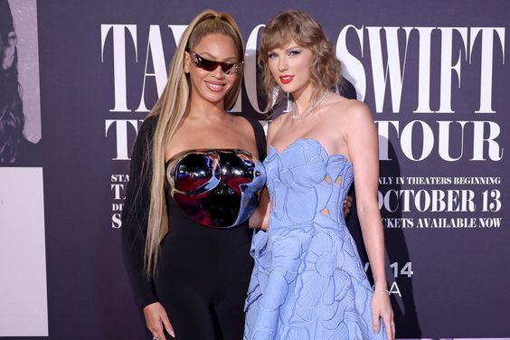 Beyonce Knowles-Carter and Taylor Swift attend the "Taylor Swift: The Eras Tour" Concert Movie World Premiere at AMC The Grove 14 on October 11, 2023 in Los Angeles, California.
