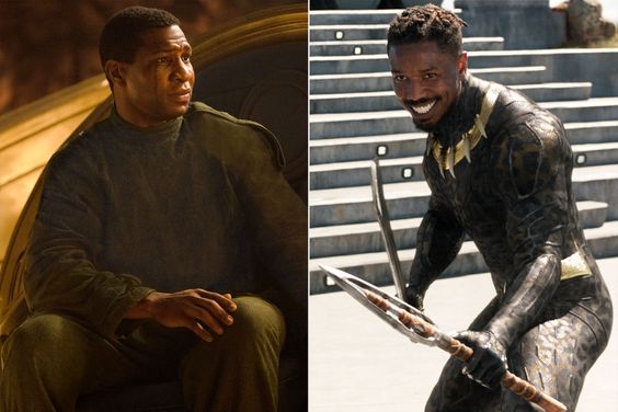 Jonathan Majors as Kang The Conqueror in Marvel Studios' ANT-MAN AND THE WASP: QUANTUMANIA; Marvel Studios' BLACK PANTHER Erik Killmonger (Michael B. Jordan)