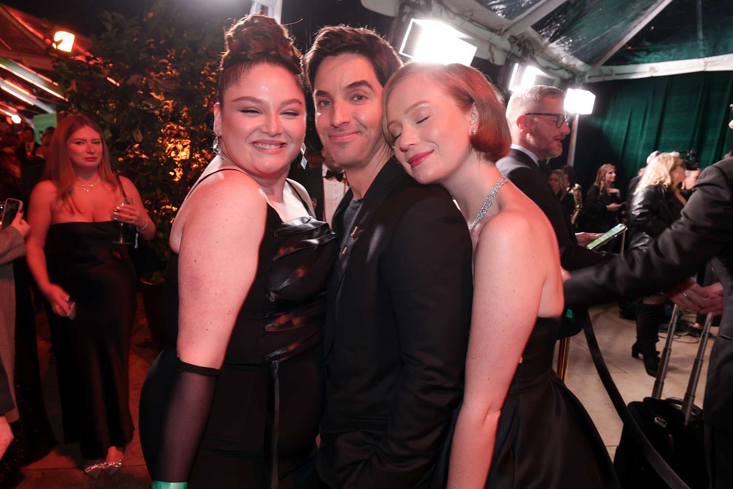 Megan Stalter, Paul W. Downs and Hannah Einbinder at the 80th Golden Globes Viewing and After Party Powered By Billboard held at The Beverly Hilton on January 10, 2023 in Beverly Hills, California. (Photo by Christopher Polk/Billboard via Getty Images)