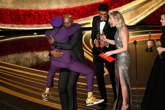 Spike Lee accepts the Adapted Screenplay award for "BlacKkKlansman" from Samuel L. Jackson and Brie Larson onstage during the 91st Annual Academy Awards at Dolby Theatre on February 24, 2019 in Hollywood, California.