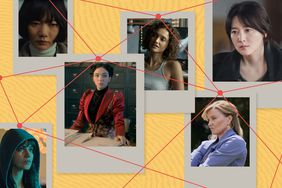 Collage of photos of BAE Doona on STRANGER; Maite Perroni in Triada; Matilda De Angelis on The Law According to Lidia Poet; DEBORA NASCIMENTO as MIRANDA in OLHAR INDISCRETO ; Lee Young-ae on Inspector Koo ; Lucy Lawless on MY LIFE IS MURDER inside polaroid frames with connecting red lines over yellow background with fingerprint pattern