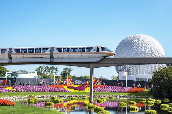 A monorail zips at Epcot at Walt Disney World in Orange County, Florida