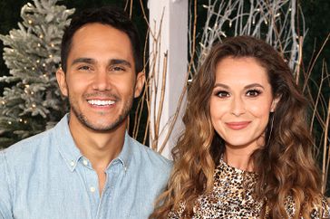 Actors Carlos PenaVega (L) and Alexa PenaVega (R) visit Hallmark Channel's "Home & Family" at Universal Studios Hollywood on February 07, 2020 in Universal City, California.