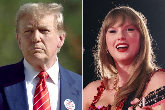 Former U.S. President Donald Trump speaks to the media after voting at a polling station setup in the Morton; Taylor Swift performs onstage during night four of "Taylor Swift | The Eras Tour" 