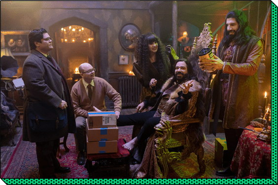 Harvey Guillen as Guillermo, Mark Proksch as Colin Robinson, Natasia Demetriou as Nadja, Matt Berry as Laszlo, Kayvan Novak as Nandor in WHAT WE DO IN THE SHADOWS