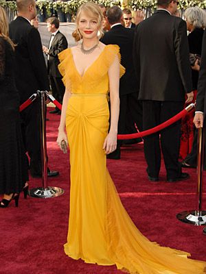 Oscars 2006, Michelle Williams | Michelle Williams (2006) This mustard-hued, beautifully pleated and tucked Vera Wang swept away any trace of doubt that the former Dawson's Creek star could make