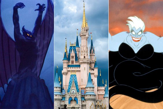Chernabog in 'Fantasia'; Cinderella's castle at Disney World; Ursula in 'The Little Mermaid'