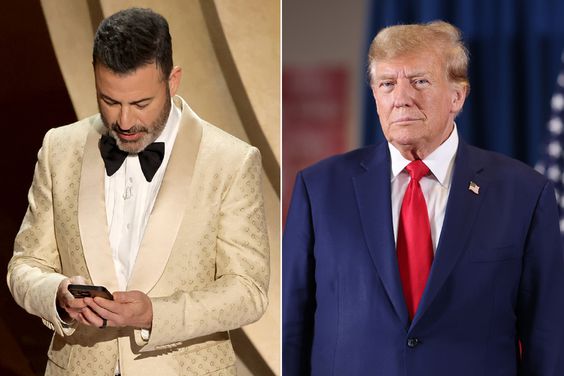 Host Jimmy Kimmel speaks onstage during the 96th Annual Academy Awards; Republican presidential candidate former President Donald Trump arrives for a rally