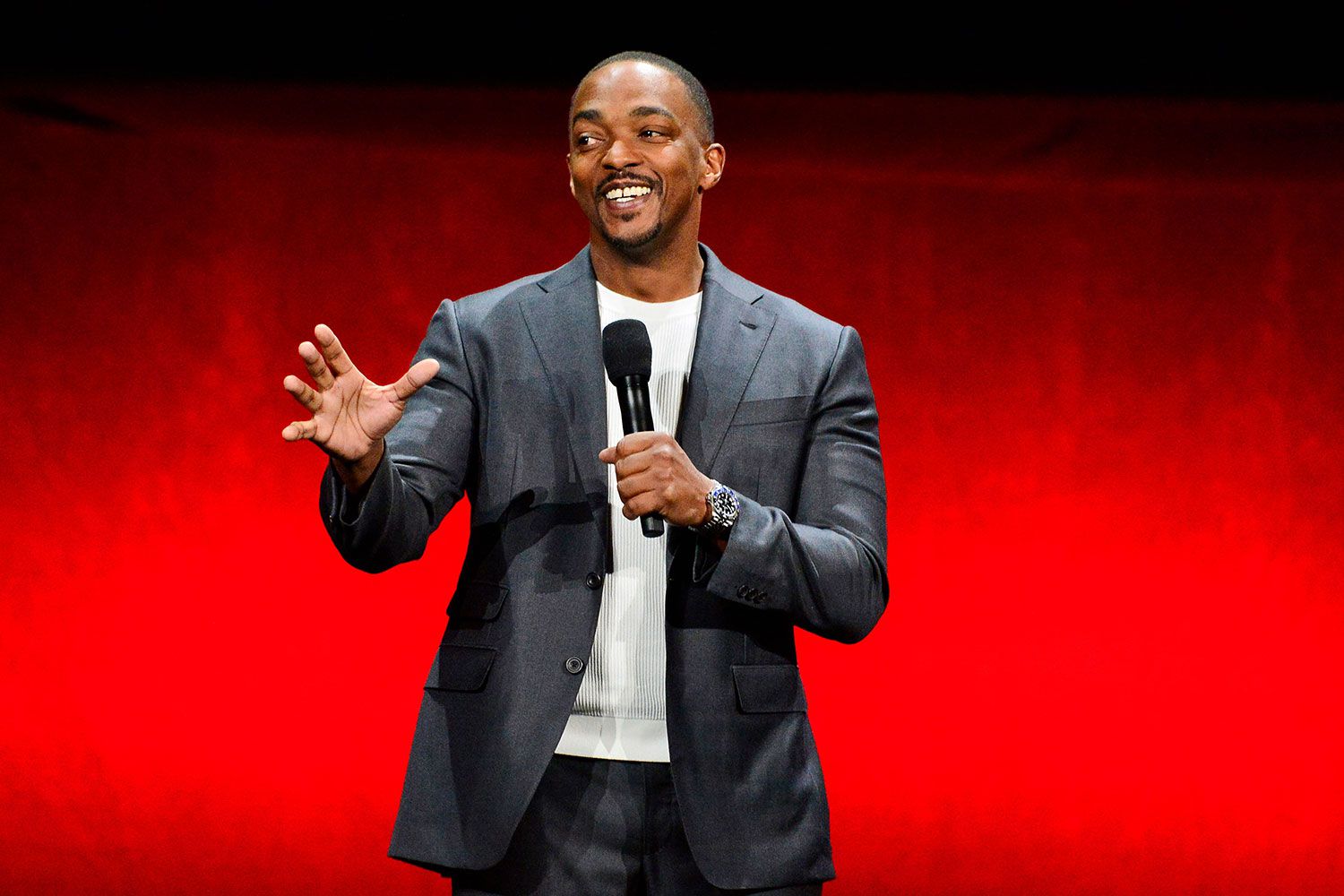 LAS VEGAS, NEVADA - APRIL 11: Anthony Mackie speaks onstage at Walt Disney Studios' 2024 presentation highlighting its upcoming release schedule at The Colosseum at Caesars Palace during CinemaCon, the official convention of the National Association of Theatre Owners, on April 11, 2024 in Las Vegas, 