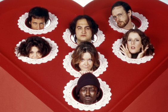 Chevy Chase, John Belushi, Michael O'Donoghue, (middle, l-r) Gilda Radner, Jane Curtin, Laraine Newman, (front) Garrett Morris, circa 1975.