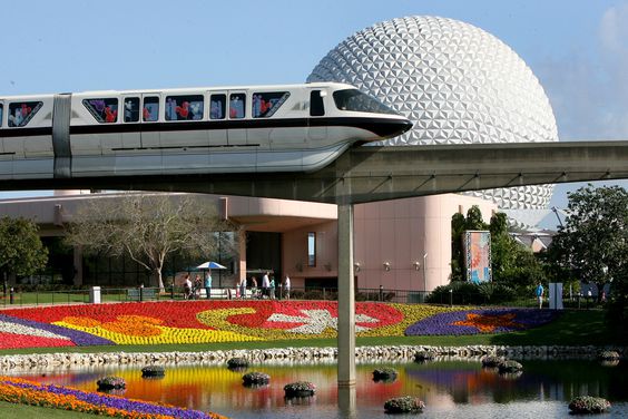 Disney World monorail passes Spaceship Earth at Walt Disney World's Epcot