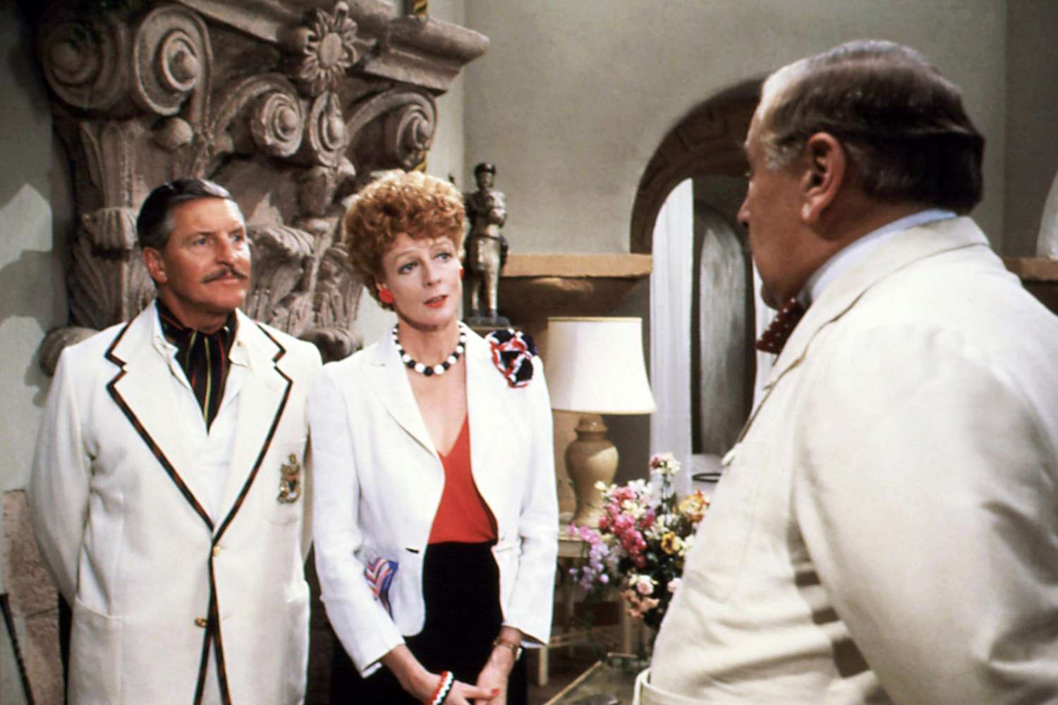 EVIL UNDER THE SUN, from left: Denis Quilley, Maggie Smith, Peter Ustinov, 1982, &copy; Universal/courtes