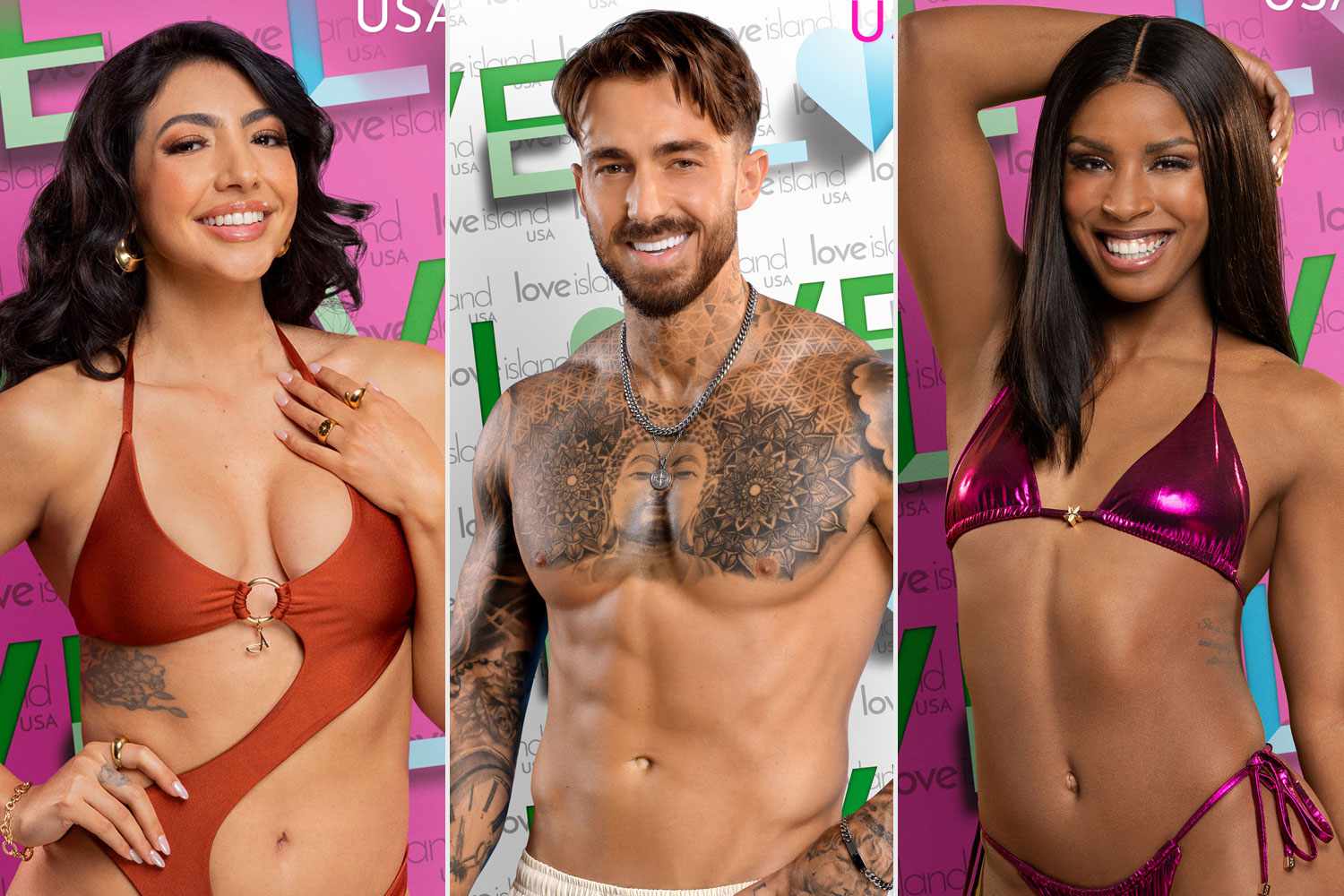 Love Island USA cast. Peacock Matia, Dasja, and Johnnie.