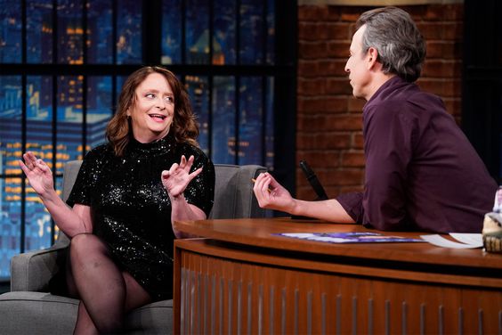 LATE NIGHT WITH SETH MEYERS -- Episode 1466 -- Pictured: (l-r) Actress/comedian Rachel Dratch during an interview with host Seth Meyers on January 8, 2024