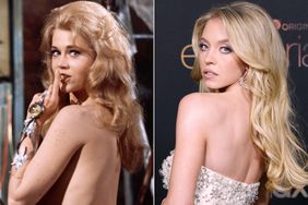 Jane Fonda stripping during a scene from the 1967 movie Barbarella; Sydney Sweeney attends HBO's "Euphoria" Season 2 Photo Call at Goya Studios on January 05, 2022 in Los Angeles, California. (Photo by Jeff Kravitz/FilmMagic for HBO)