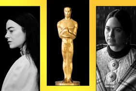 Emma Stone in Poor Things; Oscars Award Statuette; Lily Gladstone in Killers of the Flower Moon