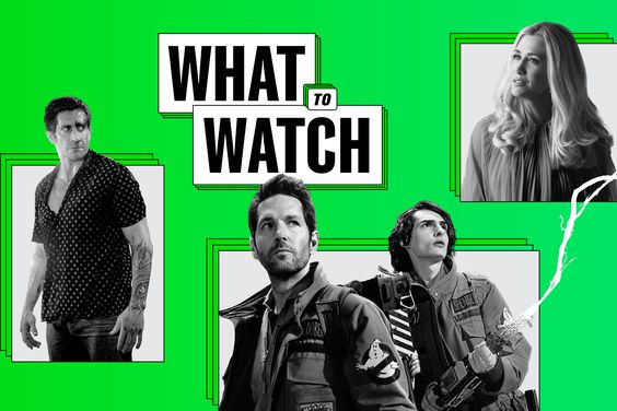 What to watch collage of Jake Gyllenhaal in Road House; Paul Rudd and Finn Wolfhard in Ghostbusters: Frozen Empire; Kristen Wiig in Palm Royale
