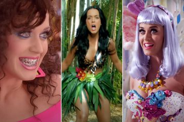 Split photo of Katy Perry music videos 