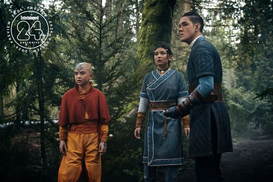Gordon Cormier as Aang, Kiawentiio as Katara, Ian Ousley as Sokka in season 1 of Avatar: The Last Airbender