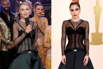 Julianne Hough wearing Lady Gaga's 2023 Oscars dress on the DWTS finale 
