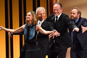 Calista Flockhart, US actor Greg Germann, Canadian actor Gil Bellows and US actor Peter MacNicol perform a sketch onstage during the 75th Emmy Awards at the Peacock Theatre at L.A. Live in Los Angeles on January 15, 2024.