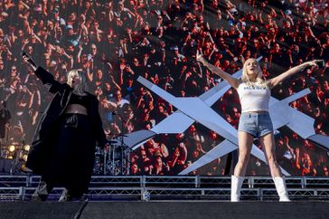 Renee Rapp and Kesha perform onstage at the 2024 Coachella Valley Music and Arts Festival 