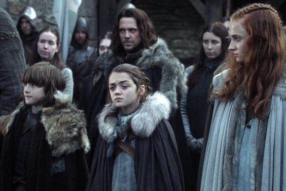 Game of Thrones (screen grab) Winter Is Coming Season 1, Episode 1 Isaac Hempstead Wright as Bran Stark, Maisie Williams as Arya Stark, Sophie Turner as Sansa Stark