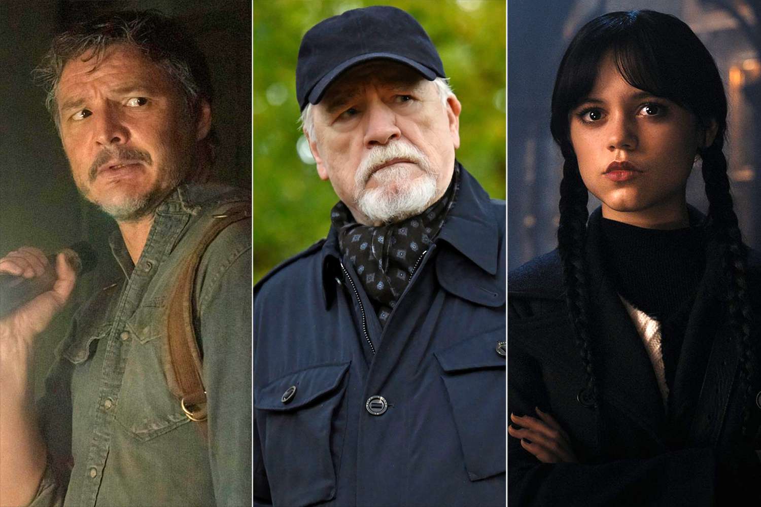 Pedro Pascal in The Last of Us, Brian Cox in Succession, and Jenna Ortega in Wednesday
