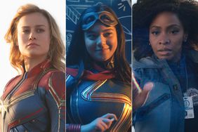 Brie Larson as Carol Danvers/Captain Marvel, Iman Vellani as Kamala Khan/Ms. Marvel, and Teyonah Parris as Monica Rambeau