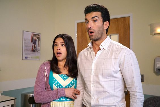 Jane The Virgin -- "Chapter Ninety-Six" -- Image Number: JAV515a_0382.jpg -- Pictured (L-R): Gina Rodriguez as Jane and Justin Baldoni as Rafael -- Photo: Kevin Estrada/The CW -- &copy; 2019 The CW Network, LLC. All Rights Reserved.