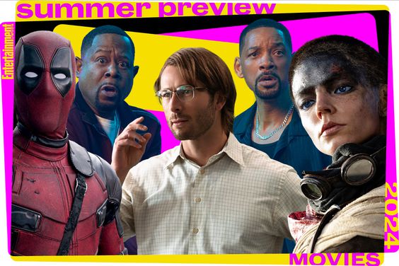 Sumer Movie Preview 2024 collage of Ryan Reynolds as Deadpool; Glen Powell in Hitman; Will Smith and Martin Lawrence in Bad Boys; Anya Taylor-Joy in Furiosa