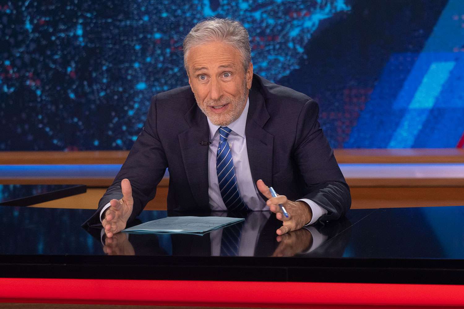  Jon Stewart's monologue on The Daily Show. Photo credit is Matt Wilson/Comedy Centralâs The Daily Show. 