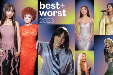 Best + Worst 2023 collage of Victoria MonÃ©t; Pink Pantheress and Ice Spice; Billie Eilish; Doechii; Olivia Rodrigo; Jessie Ware; Miley Cyrus