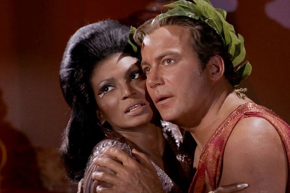 Nichelle Nichols as Uhura and William Shatner as Captain James T. Kirk in the STAR TREK episode, "Plato's Stepchildren." Original air date, November 22, 1968. Season 3, episode 10.