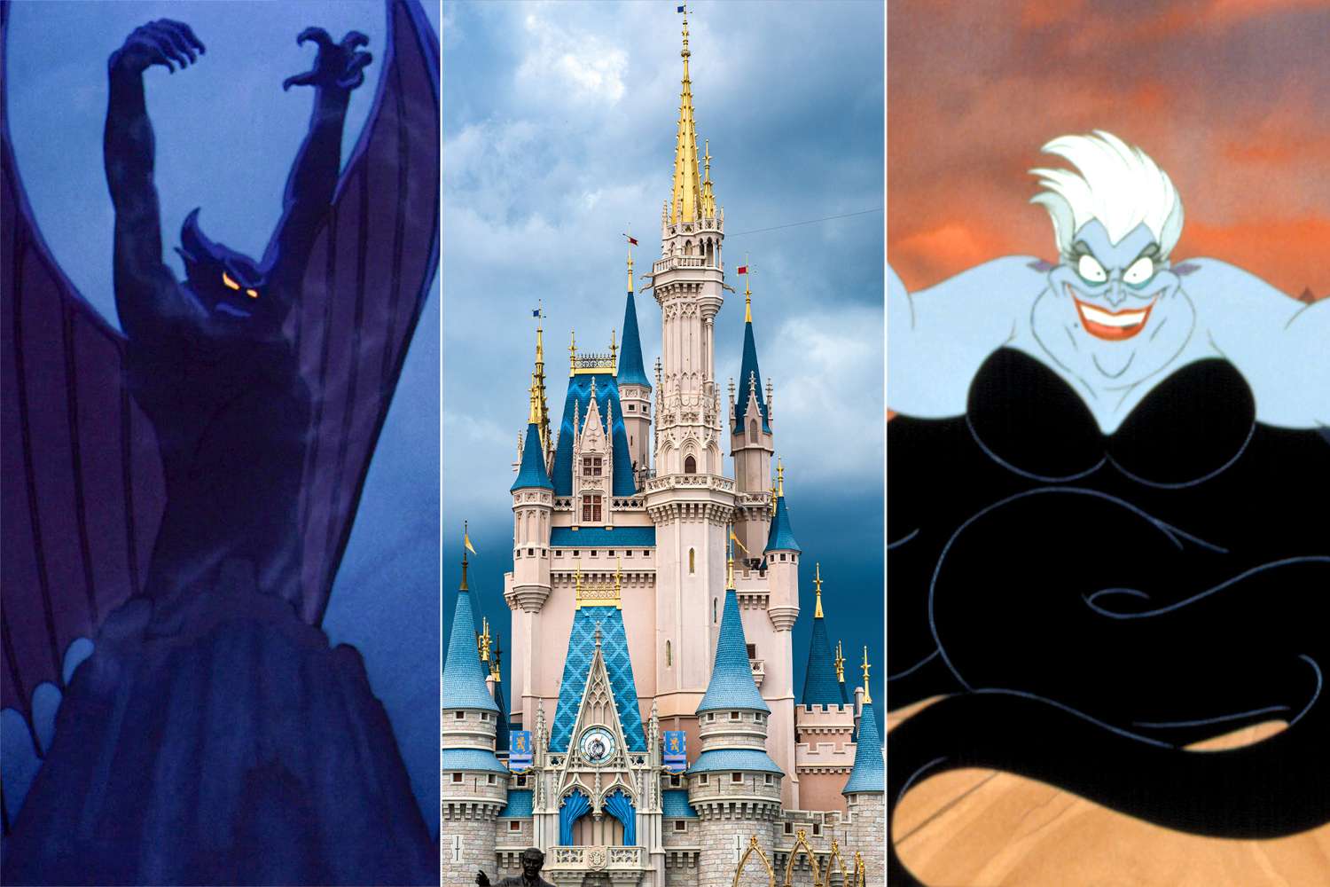 Chernabog in 'Fantasia'; Cinderella's castle at Disney World; Ursula in 'The Little Mermaid'
