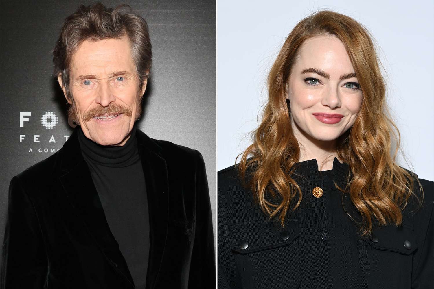 Willem Dafoe attends Focus Features' "Inside" New York Screening at Metrograph on February 28, 2023 in New York City. ; Emma Stone attends the Louis Vuitton Womenswear Fall/Winter 2022/2023 show as part of Paris Fashion Week on March 07, 2022 in Paris, France.