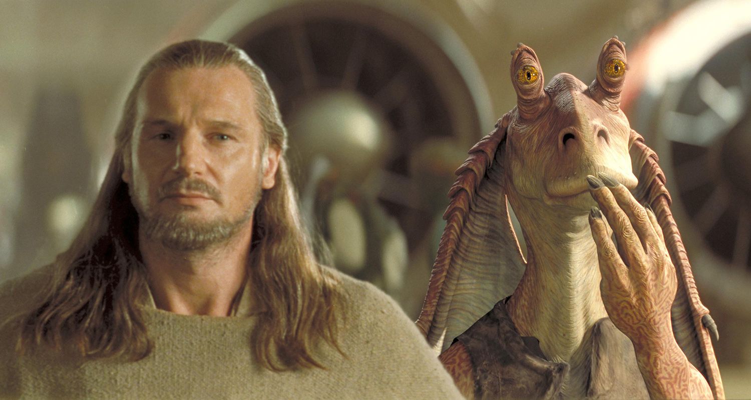 Liam Neeson as Qui-Gon Jinn and Ahmed Best as Jar Jar Binks in 'Star Wars: Episode I - The Phantom Menace'