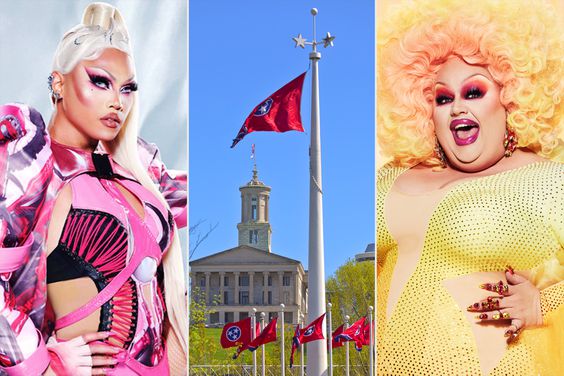 Aura Mayari; Tennessee state flags and Capitol Building, Nashville, Tennessee seen from The Bicentennial Mall State Park.; Pictured: Eureka! of the Paramount+ series RuPAUL’S DRAG RACE ALL STARS. Photo Cr: Vijat Mohindra © VH1/2021 Paramount+, Inc. All Rights Reserved.