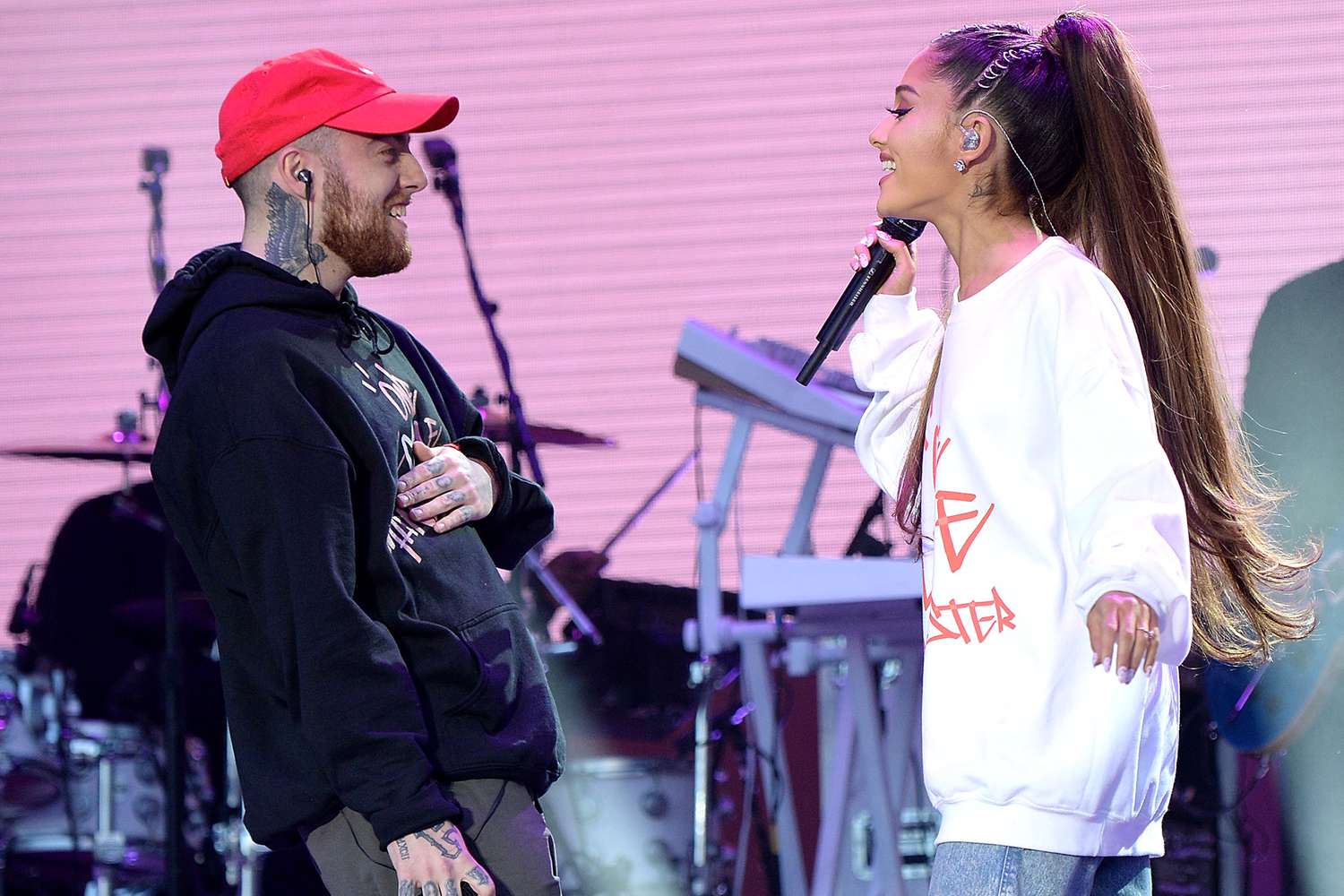 Mac Miller (L) and Ariana Grande perform on stage during the One Love Manchester Benefit Concert at Old Trafford Cricket Ground on June 4, 2017 in Manchester, England.