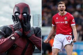 Split photo of Deadpool and Wrexham football player Paul Mullin