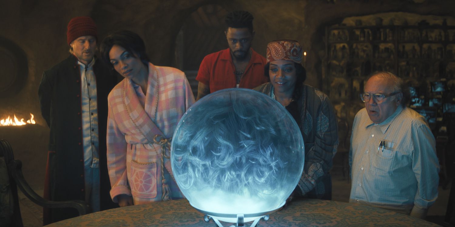 Owen Wilson, Rosario Dawson, LaKeith Stanfield, Tiffany Haddish. and Danny DeVito in 'Haunted Mansion'