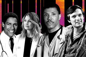 Collage of Denzel Washington in St. Elsewhere; Eriq La Salle in ER; Ellen Pompeo in Grey's Anatomy; Alan Alda in MASH