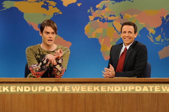 SATURDAY NIGHT LIVE -- Episode 1585 "Paul Rudd" -- Pictured: (l-r) Bill Hader as Stefon, Seth Meyers during "Weekend Update"