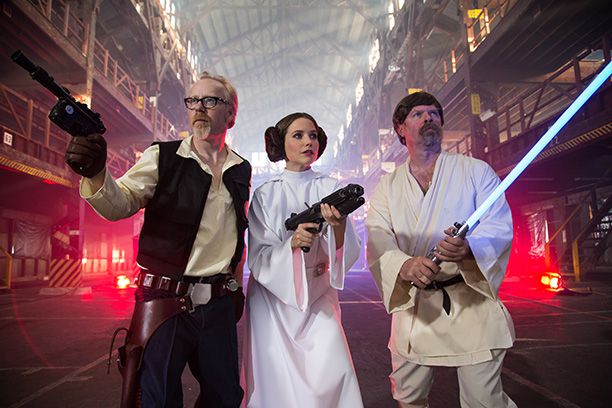 MythBusters' Adam Savage as Han Solo, Sophia Bush as Princess Leia, and MythBusters' Jamie Hyneman as Luke Skywalker