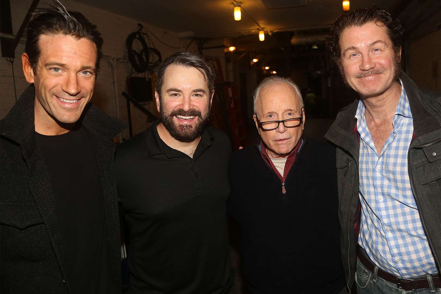 Colin Donnell, Alex Brightman, Richard Dreyfuss and Ian Shaw pose backstage at the new play "The Shark is Broken" on Broadway at The Golden Theater on October 18, 2023 in New York City.