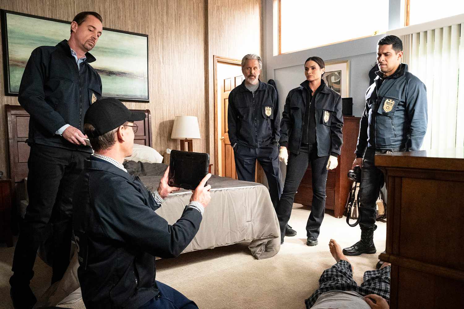 Brian Dietzen as Jimmy Palmer, Gary Cole as Alden Parker, Katrina Law as Jessica Knight, and Wilmer Valderrama as Nicholas âNickâ Torres in NCIS Episode 6 Strange Invaders