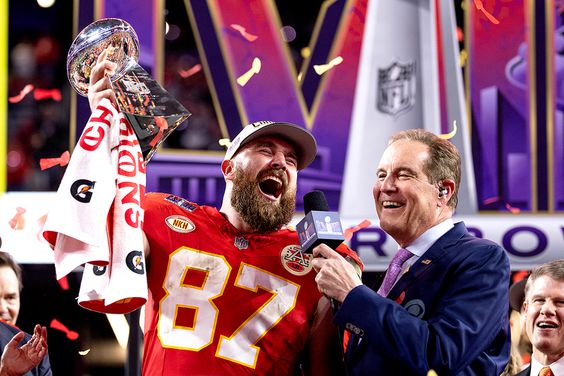 Travis Kelce #87 of the Kansas City Chiefs celebrates with the Vince Lombardi Trophy following the NFL Super Bowl 58 football game between the San Francisco 49ers and the Kansas City Chiefs at Allegiant Stadium on February 11, 2024 in Las Vegas, Nevada.