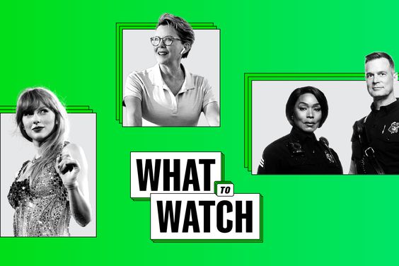 What to Watch collage of Taylor Swift Eras Tour film; Angela Bassett and Peter Krause for 9-1-1; Annette Bening for Apples Never Fall