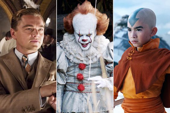 Leonardo DiCaprio in 'The Great Gatsby,' Bill Skarsgard in 'It,' and Gordon Cormier in 'Avatar: The Last Airbender'